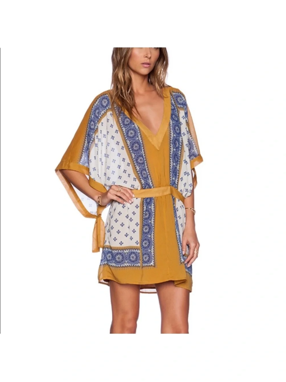Free People Santa Cruz Kimono Mini Dress Goldenrod Combo Boho Caftan Large $128